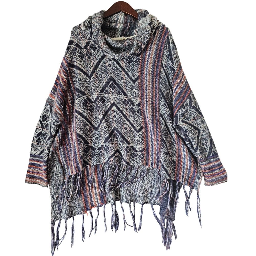 Free People Knit Tunic Top Cowl Neck Aztec Pattern Fringe Hem‎ Boho Size S